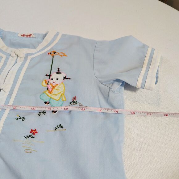 Vtg Asian Plum Blossoms Blue Chinese Embroidered 2 Piece Outfit Set Sz 10 - Picture 5 of 8